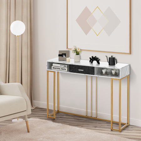2-tier Faux Marble  Console Table with Drawer & Golden Steel Frame