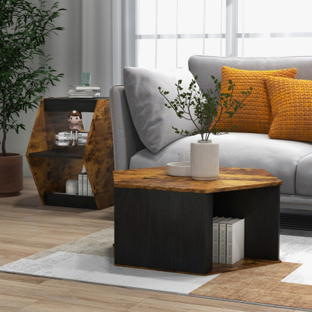 Set of 2 Hexagonal Coffee Table with Open Storage Space for Living Room