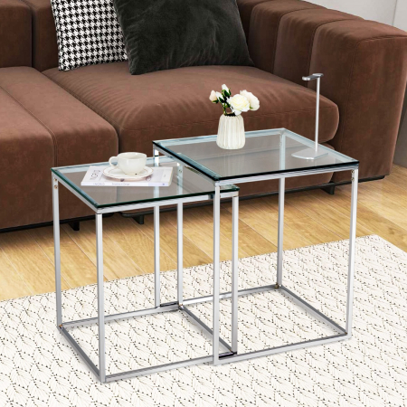  Set of 2 Nesting Glass Coffee Table with Tempered Glass Top for Living Room