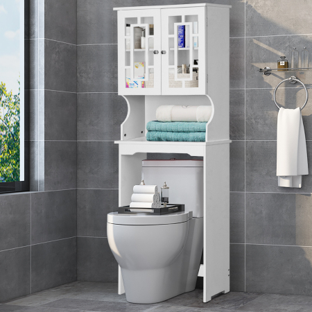 Over The Toilet Storage Cabinet with Double Tempered Glass Doors
