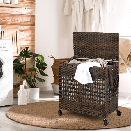 110L Rolling Synthetic Rattan Laundry Hamper with Lid & 2 Removable Liner Bags
