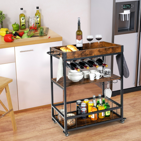Kitchen Cart with Removable Top Tray & Wine Rack & Glass Holder