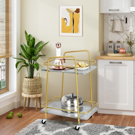 2-tier Kitchen Rolling Cart with Steel Frame and Lockable Casters