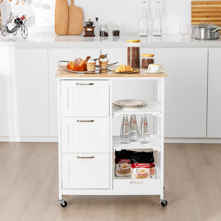 Kitchen Island with Rubber Wood Countertop & Lockable Casters