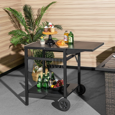 Movable Double-Shelf Dining Cart Table with Folding Tabletop