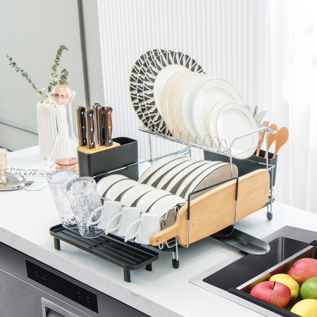 2 Tier Rust-proof Dish Racks with 360° Swivel Self-Draining Spout for Kitchen