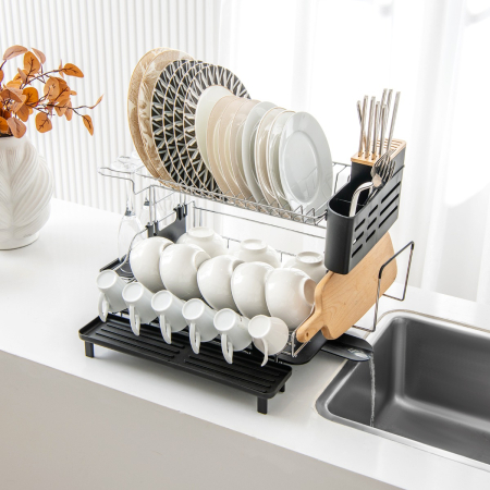 2-Tier Detachable Dish Drying Rack with Cutlery Holder & 360° Swiveling Spout