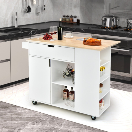Drop-Leaf Rolling Kitchen Island with Rubber Wood Top & Drawer