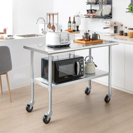 Stainless Steel Table Cart with 4 Universal Wheels for Kitchen