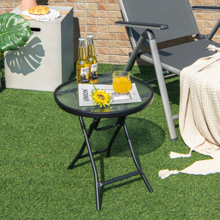 Folding Patio Side Table with Tempered Glass Tabletop
