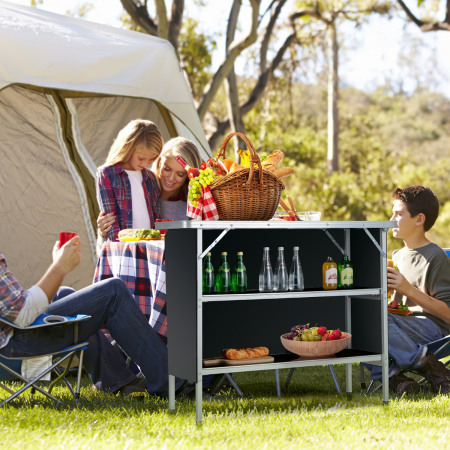 Portable Folding Camping Table with 2-Tier Open Shelves for Picnic, Barbecue, Outdoor Party