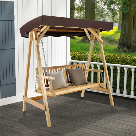 2-Person Wooden Swing Chair with Canopy & Armrests