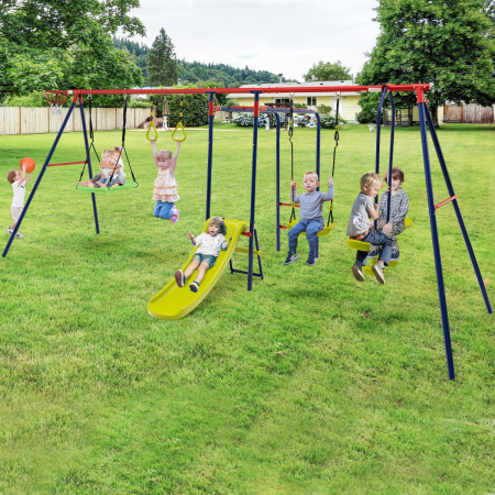 7-in-1 Outdoor Swing Set with Ground Stakes for Garden/Backyard/Park