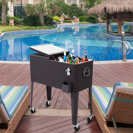 76L Portable Rattan Rolling Cooler Cart for Patio & Beach
