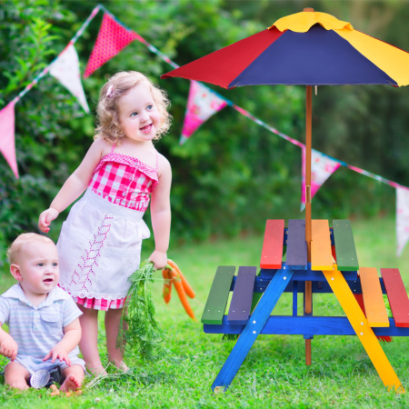 Kids Solid Wood Picnic Table Set with Umbrella