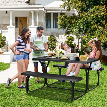 Folding/Unfoldable Picnic Table and Bench Set with Metal Frame and All Weather-resistant Surface for Backyard