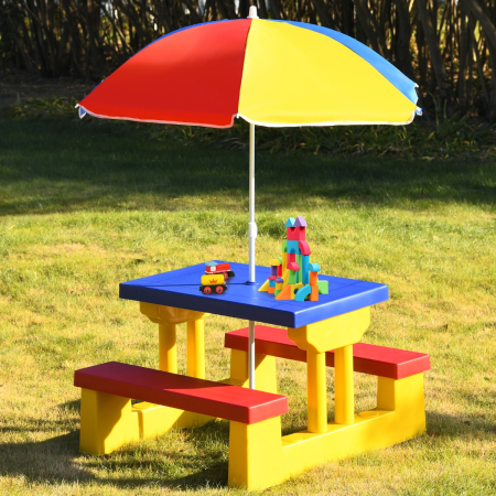 Kids Colorful Picnic Table Set with Removable Umbrella