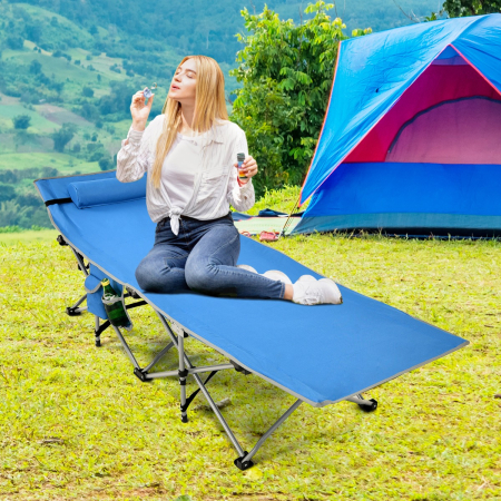 Folding Camping Cot with Side Storage Pocket & Detachable Headrest