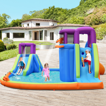 Kids Inflatable Bouncy Castle with Double Slides & Water Guns & Basketball Hoop (without Blower)