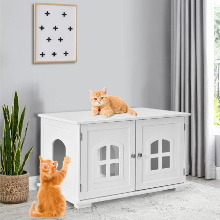 Cat Hidden Litter Box Enclosure with Cross Windows & Double Door