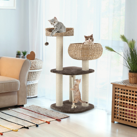 Rattan Cat Tree with Napping Percyh and Hanging Rope for Pet