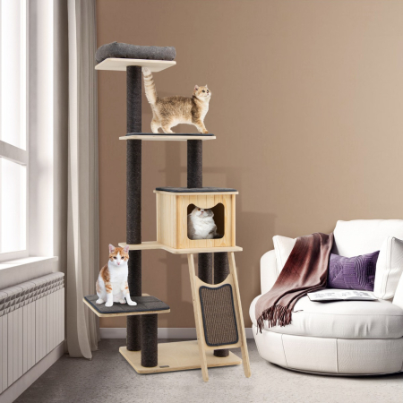 Solid Wood 4-Tier Cat Tree with Scratching Sisal Posts & Mat