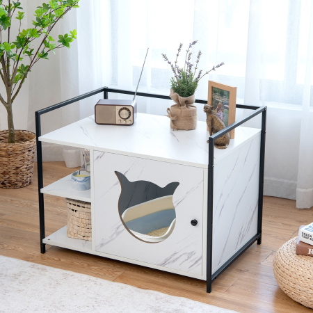 2-in-1 Cat Litter Box Enclosure with 2-Tier Storage Shelf