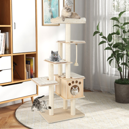 Modern Wooden Cat Tower with Scratching Posts, Washable Cushion