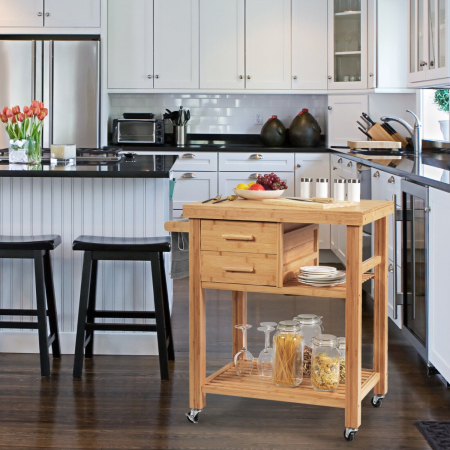 Rolling Bamboo Kitchen Island Cart with Drawers & Shelves for Dining Room