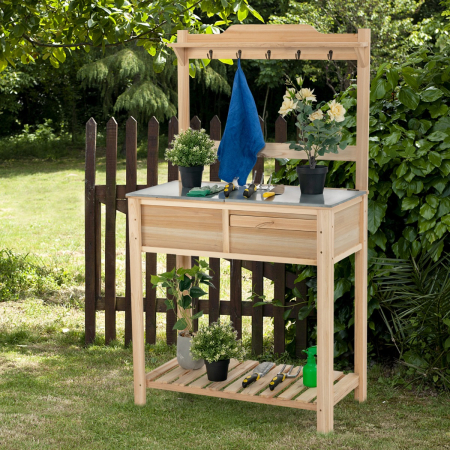 Wooden Potting Bench with Flip-open Galvanized Metal Tabletop