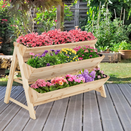 3-Tier Wooden Raised Garden Bed with Side Hooks & Storage Shelf for Plants