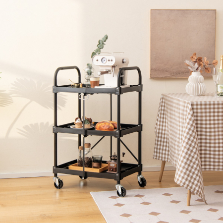 3-Tier Folding Trolley Cart with Universal Wheels and Handrails for Home/Office/Kitchen