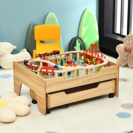Kids Wooden Train Track Railway Set Table with 100 Multicolor Pieces