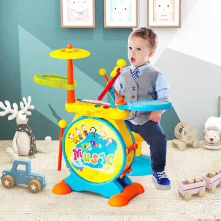 2-in-1 Kids Electronic Drum Kit Toy with Keyboard & Microphone