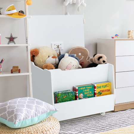 Mobile Toy Storage Organizer with Bookshelf & Wheels & Flip-top Lid
