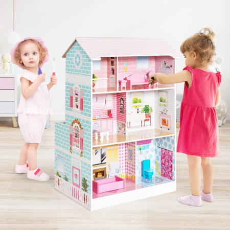 2 in 1 Wooden Doll House and Play Kitchen with Accessories