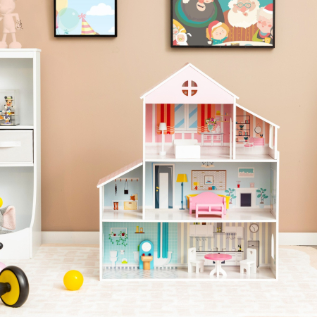 Wooden Pretend Play Doll House with Fully-Furnished Design