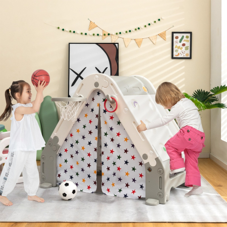 Kid's Triangle Climber with Tent Cover & White Board & Basketball Hoop & Soccer Gate