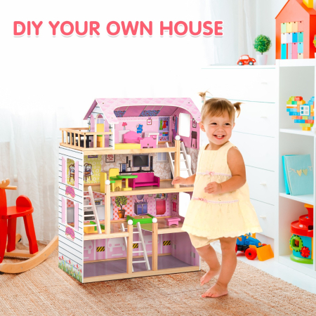4-Story Wooden Doll House with 13 Pieces Furniture & Accessories for Kids