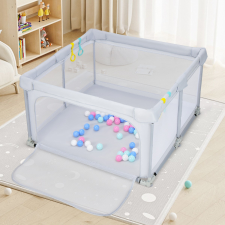 124cm Foldable Baby Playpen Interactive Activity Center with Balls Pull Rings