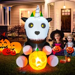 Costway 150 CM Halloween Inflatable Skeleton Unicorn with Pumpkin Lantern