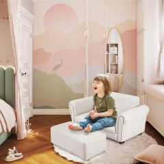 Costway 2 Seat Kids Sofa Set with Footstool and Solid Wooden Frame for Boys and Girls