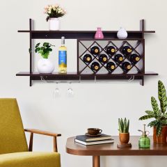 Costway Wall-mounted Wine Rack with Glasses Holder for Kitchen/Living Room/Bar