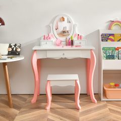 Costway Kids Makeup Table Stool Set with Mirror Drawer for Bedroom