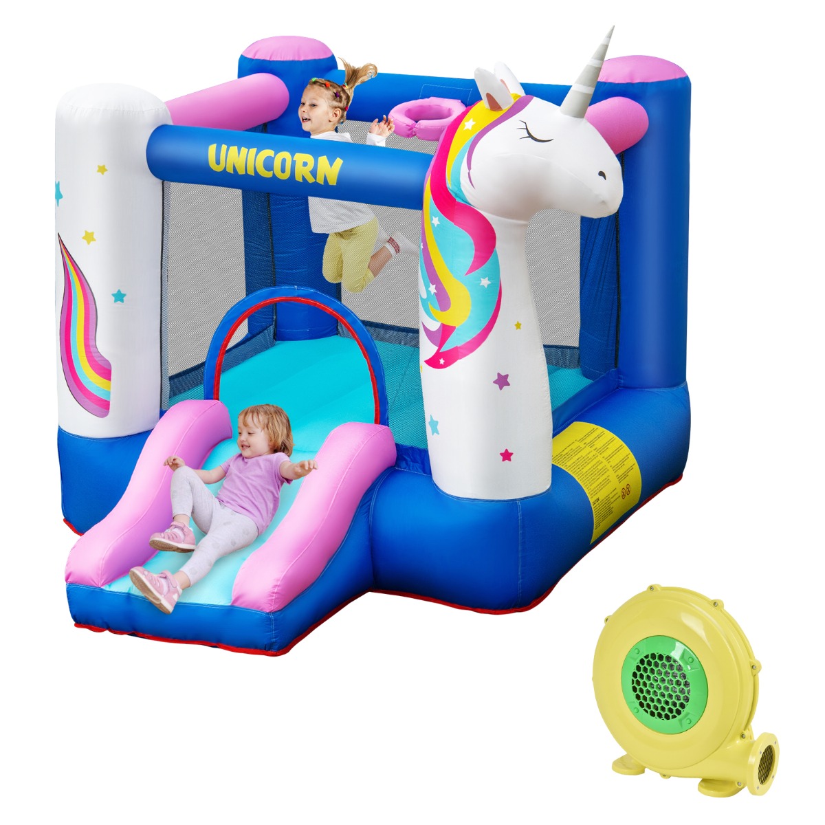 Inflatable Unicorn Theme Bounce House with Slide & Basketball Hoop (with Blower)